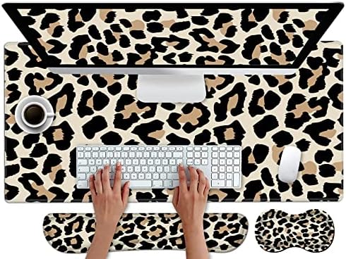 Pretty Mouse Pad and Wrist Rest Set, Extended Desk Mat (31.5" x 11.8") with Memory Foam Ergonomic Keyboard Pad, Large Gaming Mouse Pad Non-Slip Easy Typing for Home Office Decor, Leopard Cheetah Print by Unknown