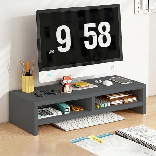 Solid Wood Monitor Stand Riser & Laptop Stand Desk Organizer - Office Accessories for PC Workspace, Computer Organization, Countertop Hutch Dark Grey 19.7x7.9x5.2in with divider by Unknown