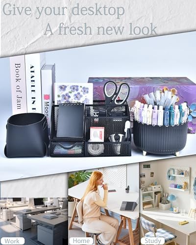 Black Desk Accessories and Organizers with Desk Organizer and 360°Rotating Pen Holder stapler Pen and a Lot of Office Black Office Supplies Beautifully Presented in a Gift Box - Image 3