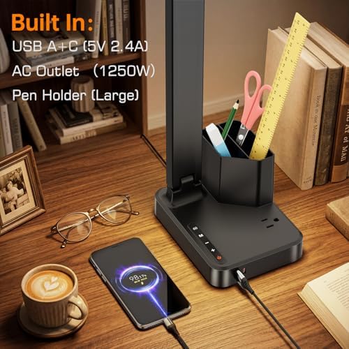 cozoo LED Desk Lamp USB A/C AC Pen Holder Dorm Home Office Desk Light Black - Image 5