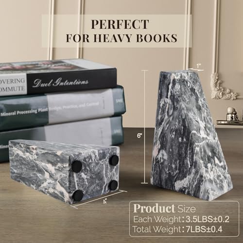 Koville Marble Bookends for Shelves, Large Bookends for Heavy Books, Natural Stone Book Stopper for Books CD Movies, Aesthetic Decorative Book Ends (Grey) - Image 2