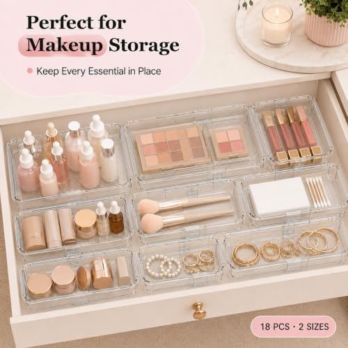 18 Pcs Clear Adjustable Drawer Organizer, 2-Size Desk Drawer Organizer Box, Acrylic Storage Bins for Makeup, Cosmetic, Kitchen Utensils, Bedroom Dressers Tool Organizer for Gadgets (18) - Image 5