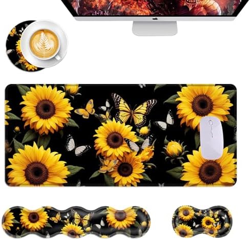 Mouse Pad,Large Desk Mat Set, 4in1 XL Mousepad + Keyboard Wrist Rest+Mouse Wrist Rest+Coaster with Ergonomic Desk Pad for Home Office Table Computer Cover -Sunflower Butterfly by Unknown