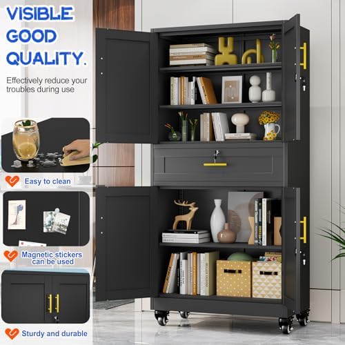 GAIOUS 74” Tall Metal Garage Storage Cabinet with Wheels and Drawer, Steel File Cabinet for Home Office, Tool Cabinet with 4 Locking Doors and 3 Adjustable Shelves, Rolling Cabinet for Garage-Black - Image 5