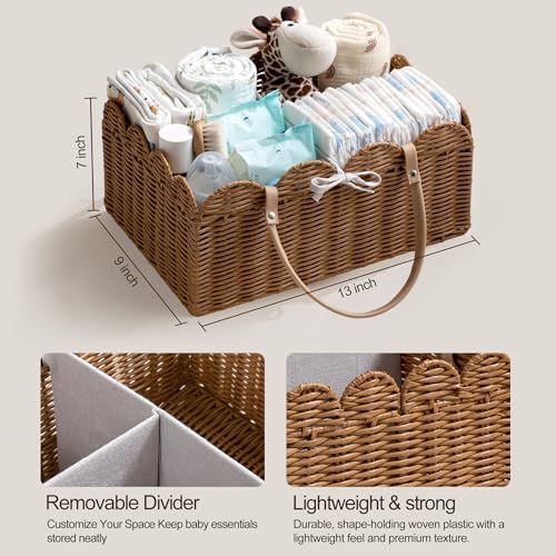 HBlife Baby Diaper Caddy Organizer, Portable Scalloped Plastic Wicker Woven Basket with Divider, Nursery Diaper Station, Baby Shower Gifts Basket, Car Organizer, Washable Waterproof - Image 5