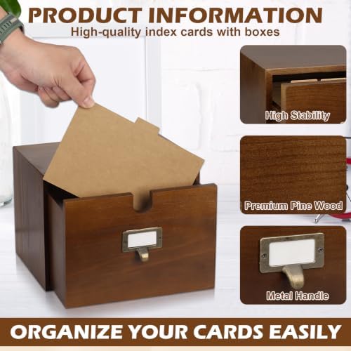 DLUGOPIS 5×8 Index Card Holder Pine Wood Index Card Organizer Box with Drawers Brown Vintage Card Catalog Box Recipe Notecard Box 5 Index Cards Dividers 2 Letter Smile Stickers for School Office - Image 3