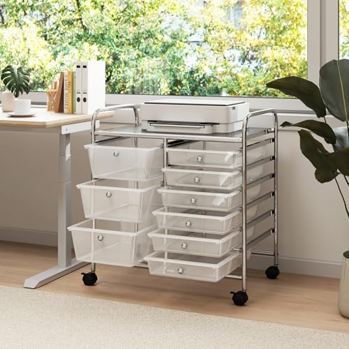 LDAILY 9 Drawer Rolling Storage Cart, Rolling Cart with Drawers for Classroom, Art Supply Craft Organizer on Wheel with Metal Frame & Handles for Home Office School - Image 2