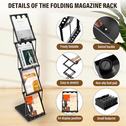 4-Pocket Foldable Magazine & Brochure Display Rack, Portable Literature Stand for Office, Trade Shows and Exhibitions, with Carrying Bag (Black) - Image 4