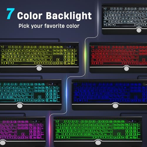 Large Print Backlit Computer Keyboard, 7-Color Backlit Keyboard with Wrist Rest, USB Plug-and-Play, Oversize Letters Keys Easy to See and Type, Wired Light Up Keyboards for Laptop, PC, Gaming - Image 4