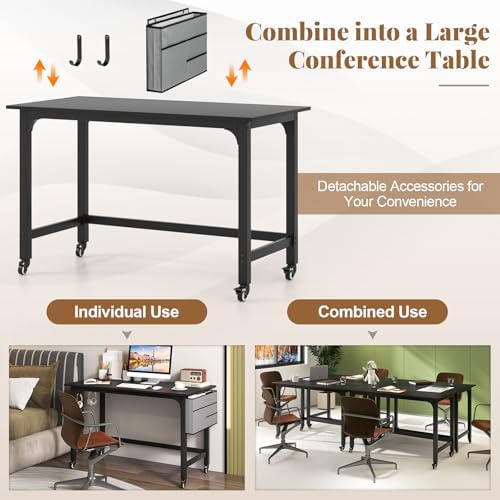 GIANTEX 48" Rolling Computer Desk, Mobile Study Writing Desk with Wheels, Storage Bag & 2 Hanging Hooks, Simple Style Home Office Work Bench, PC Workstation for Study, Bedroom (Black) - Image 7