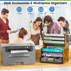 DAOUTIME 6-Tier Mesh Desk Organizer with Drawer, Wooden Office Organizer for Papers, Folders & Office Supplies - Sturdy Desktop File Holder with 2 Pen Holders - Space Saving Home Office Accessories - Image 6