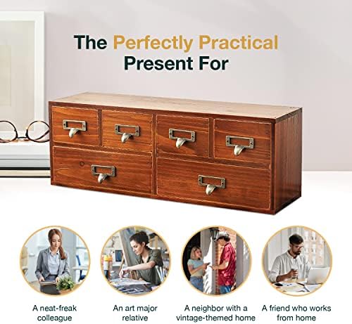 6-Drawer Vintage Desk Organizer Classic Brown Wood Storage Drawers for Tabletop - Slim Retro Style Desktop Organizing Cabinet with 6 Drawers - Office Study Table Wood Storage Box Organizer, 1-pack - Image 7