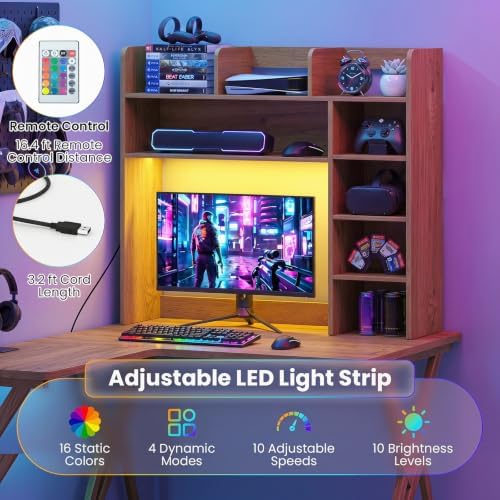 BECOMFORT Desk Hutch with LED Lights, Desk Organizer Shelf w/ 8 Storage Compartments, up to 25” Monitor, Wooden Display Rack, Desktop Bookshelf for Vanity Dressing Tabletop College Dorm Home & Office - Image 4