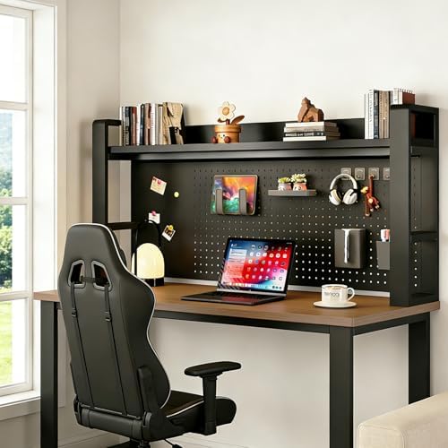 LINLIUA 2/3/4 Tier Desk Hutch, Metal Desk Shelf with Pegboard, Desk Shelves for Top of Desk, Freestanding Desktop Bookshelf, Desktop Shelf Organizer Display Rack for Dorm Office and Home by LINLIUA