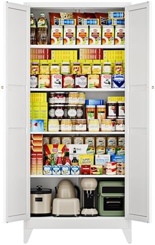 Letaya 75" H Metal Storage Cabinet with 2 Doors and 4 Shelves,Tall Kitchen Pantry Cabinets,Farmhouse Utility Pantry Organizers for Cupboard/Dining/Bathroom/Home Office/Garage Room,White by LetayaMetalCabinets