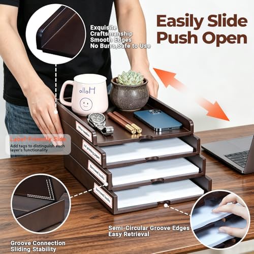 Solid Wood Stackable Letter Tray, 4-Tier Desk File Organizer for A4 Paper - Image 4