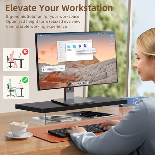 Monitor Stand Riser, 25x10 in Wood & Acrylic Computer Desk Organizer Shelf - Image 6