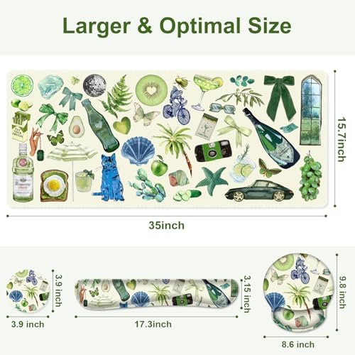 Mouse Pad, 4 in1 Large Desk Mat, Desk Pad Matt for Desktop, Anti-Slip XXL Big Computer Ergonomic Mousepad with Wrist Support for Keyboard and Mouse for Women I Green Theme Stickers - Image 3