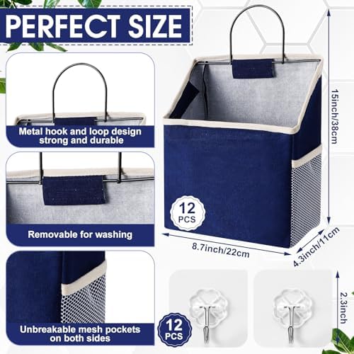 Woanger 12 Pcs Wall Hanging Storage Bag Wall Hanging Organizer Bag Over The Door Closet Basket Containers Bins with Hooks Pockets for Bedroom Bathroom, 15 x 4.3 x 8.7''(Navy Blue) - Image 3