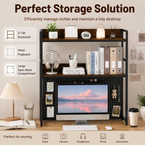 POWERSTONE 2-Tier Desktop Bookshelf for Monitors up to 32", Rustic Brown - Image 4