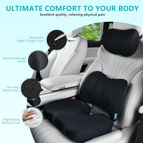 FLORICH 3 PCS Seat Cushion for Carseat Lumbar Support Pillow Car Neck Headrest Pillows Memory Foam Gel Memory Foam Massage Point Seat Pads Pressure Relief Back Cushion for Office Chair(Black) - Image 2