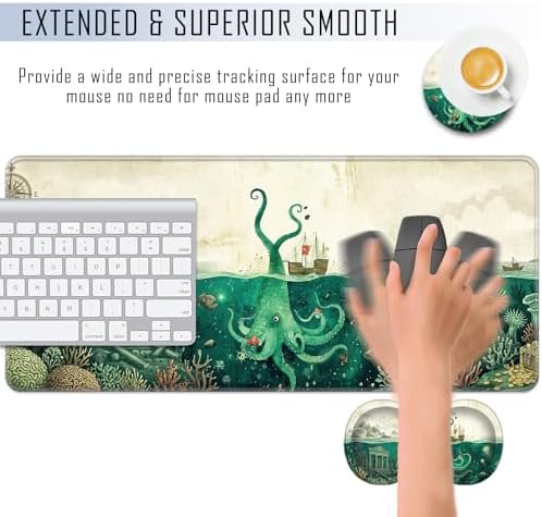 TGFEWYTJYJ Extended Gaming Mouse Pad,Memory Foam Ergonomic Keyboard Mouse Wrist Rest Support Set,Large Desk Mat with Stitched Edges,Non-Slip Base Mousepad Home Office,Sea Octopus - Image 4