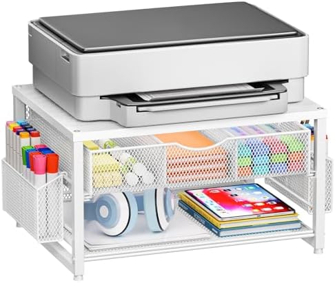 Marbrasse Wood Printer Stand for Desk, 2-Tier Desktop Printer Table for Home Office, Printer Stand with Storage Drawer 2 Pen Holders, Multi-Purpose Desk Organizer for Fax Machine Scanner(Wood White) by Marbrasse