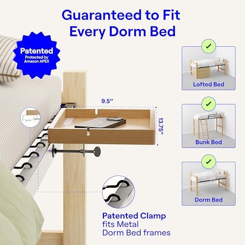 BedShelfie Wood Bedside Shelf for Bunk Bed & Top Bunk, College Dorm Room Essentials, Loft Nightstand, Floating Bed Side Table Tray Storage, Dorm Room Decor By Smallish - (DormEssential Wood, Natural) - Image 2