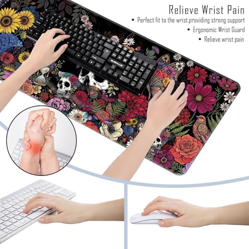 TGFEWYTJYJ Extended Gaming Mouse Pad,Memory Foam Ergonomic Keyboard Mouse Wrist Rest Support Set,Large Desk Mat with Stitched Edges,Non-Slip Base Mousepad Home Office,Flower Skull - Image 6