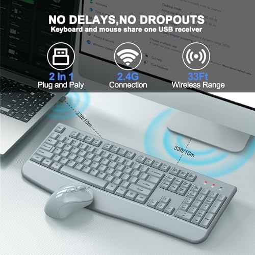 Wireless Keyboard and Mouse Combo, ULSOU 2.4G Full-Sized Ergonomic Computer Keyboard with Wrist Rest and 3 Level DPI Adjustable Wireless Mouse for Windows, Mac OS Desktop/Laptop/PC(Grey) - Image 4