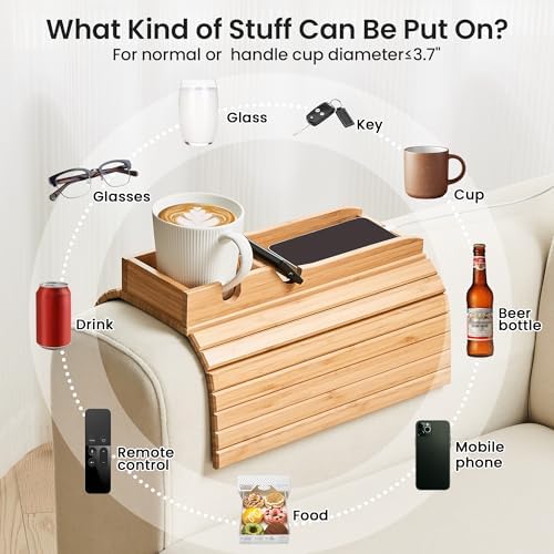 GEHE Couch Cup Holder, Anti Falling Sofa Arm Tray, Natural Bamboo Sofa Cup Holder More Safe for You Family, Portable Couch Arm Tray Armrest Table for Remote, Snacks, Phone, Drinks - Image 3