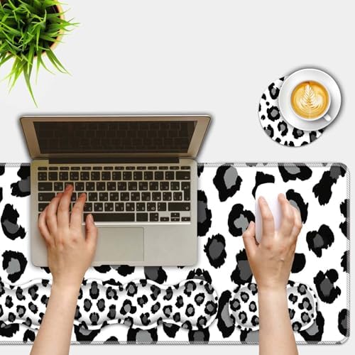 Mouse Pad Set,(31.5×11.8 in) Desk Pad + Keyboard Wrist Rest Support + Mouse Wrist Rest + Coaster for Office,Home,Computer,Laptop - 4 Black and White Leopard Print - Image 2