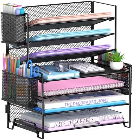7-Tier Desk Organizer with 3 Pen Holders, Metal Letter Tray, Black by SUPEASY