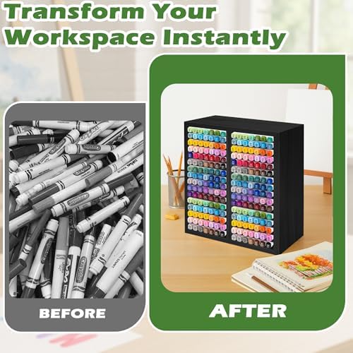 PROLEE Marker Organizer for 224 Markers, Wooden Alcohol Marker Holder with 32 Compartments, Horizontal Art Pen and Pencil Storage Rack for Desk, Classroom and Studio, Black - Image 5