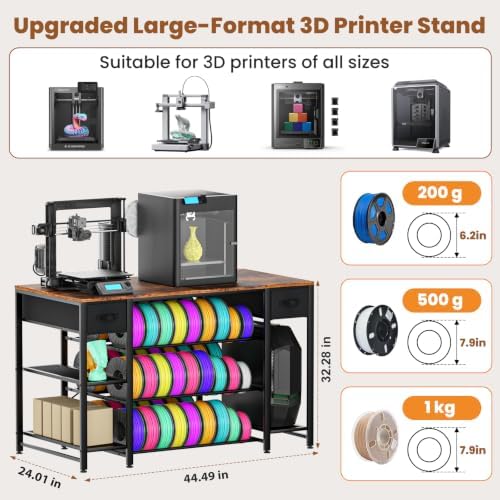 3D Printer Table with Storage, Heavy Duty Metal 3D Printer Stand with Filament Storage Drawer & Power Hub, Large Capacity 3D Printer Desk for Workshop, Studio & Home Office(Brown) - Image 4