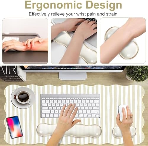L-SPOUTTO Beige Striped Mouse Pad Set,Scalloped XXL Desk Mat + Ergonomic Mouse Wrist Rest + Gel Keyboard Wrist Rest for Keyboard 65%/75%,3in1 Large Desk Pad for Desktop Home Office Computer Game - Image 6