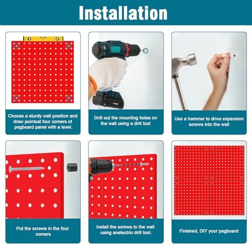 4 Pack Steel Peg Board,Universal 1/8 and 1/4 Pegboard Accessories,Ideal for Garage Tool Storage, Office Organization, Craft Room, Kitchen etc. (Red, 4-12X12) - Image 4