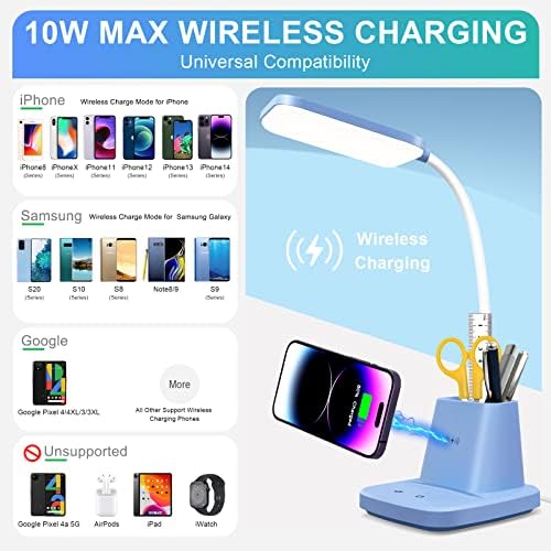 LED Desk Lamp with 10W Wireless Charging & Pen Holder, Blue - Image 2