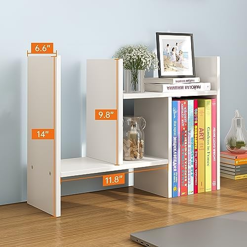 JLD Wood Adjustable 5-Shelf Desktop Bookshelf, Expandable Office Storage Rack, White - Image 2
