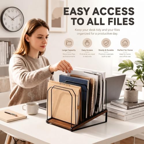 9 Section Inclined Vertical Desk File Organizer, Metal Frame and Wood Base - Image 4