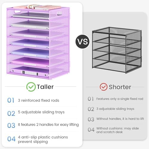 Lavatino 8-Tier Office Desk File Organizer, Letter Tray Paper Organizer with Handle, Including 5 Adjustable Slide Trays for Organizing Desktop Workspace Accessories and Supplies (Purple Metal Mesh) - Image 6