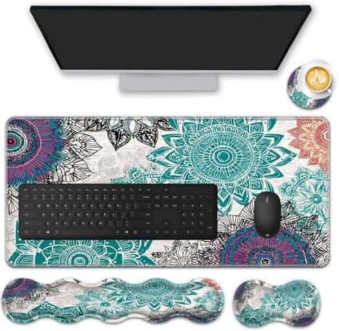Mouse Pad Set,(31.5×11.8 in) Desk Pad + Keyboard Wrist Rest Support + Mouse Wrist Rest + Coaster for Office,Home,Computer,Laptop - 4 Abstract Flower by FGDRFGRW
