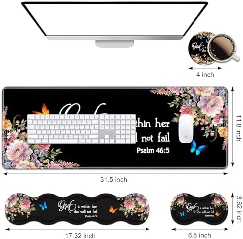 Ergonomic Keyboard Wrist Rest & Mouse Pad Wrist Rest Set, Large XXL Gaming Desk Mat 31.5"x 11.8" with Memory Foam, Easy Typing Pain Relief for Office & Home, Floral Quote Bible Verse Psalm 46:5 - Image 2