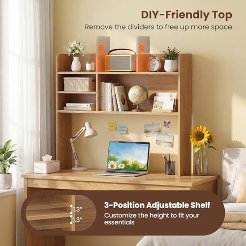 LDAILY 3-Tier Desktop Bookshelf, Wooden Desk Hutch for Computer Monitor Up to 32 Inch, Desk Organizer Shelf with Adjustable Shelf & 6 Storage Shelves, Desk Display Rack for Home Office Dorm (Natural) - Image 4