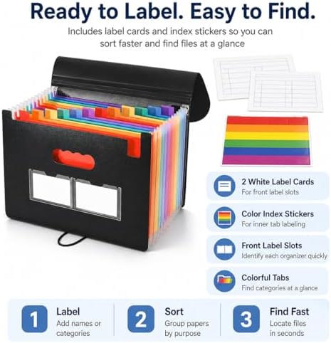 5 Pack Accordion File Organizer, 13-Pocket Expanding File Folders, Letter/A4 Document Holder with Flip Cover, Lanyard Closure, Labels for Bills, Receipts, Taxes, Office, School, Black - Image 4