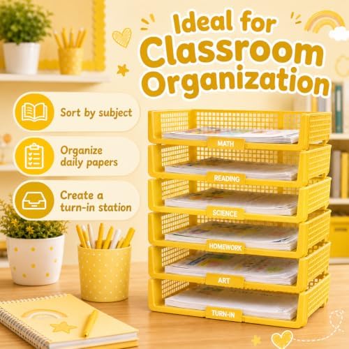 6 Pcs Yellow Turn in Trays Classroom, Stackable Paper Bins for Classroom, 13x9x2.8 inch Plastic Baskets Desktop Organization System Office (Yellow) - Image 5