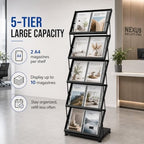 Foldable Magazine Display Rack Floor Standing 5 Pockets Brochure Stand Catalog Literature Holder with Wheels, Metal Newspaper Catalog Holders for Office Store Exhibition and Events - Image 2