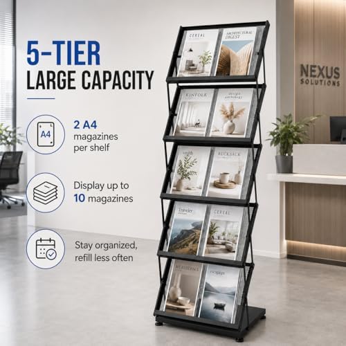 Foldable Magazine Display Rack Floor Standing 5 Pockets Brochure Stand Catalog Literature Holder with Wheels, Metal Newspaper Catalog Holders for Office Store Exhibition and Events - Image 2