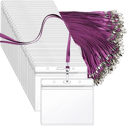 Segarty Lanyards with ID Holder, 100 Pack Horizontal Badge Clear Plastic Name Tags Neck Key Card Bulk, Purple Strap Clips Waterproof Ziplock Nametag Protector for Women, Business, Student, School by Segarty