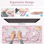 Floral Desk Mat, 4in1 Large Mouse Pad with Wrist Rest, Cute Desk Matt for Desktop, Deskpad Mat, Anti-Slip XXL Computer Ergonomic Mousepad with Wrist Support for Keyboard and Mouse I Pink Flowers - Image 5